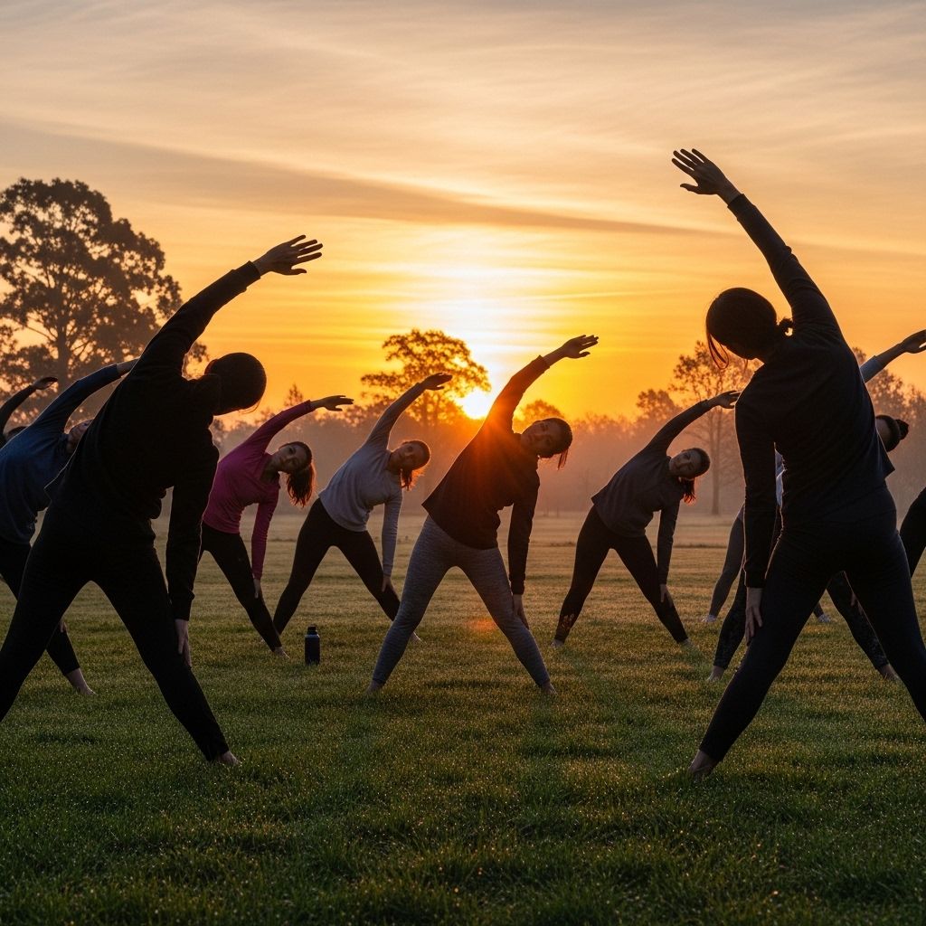 Groupe de personnes réalisant des étirements collectifs dans un espace extérieur verdoyant au lever du soleil, silhouettes en contre-jour, ambiance contemplative et séreine, tons chauds orangés à l'horizon