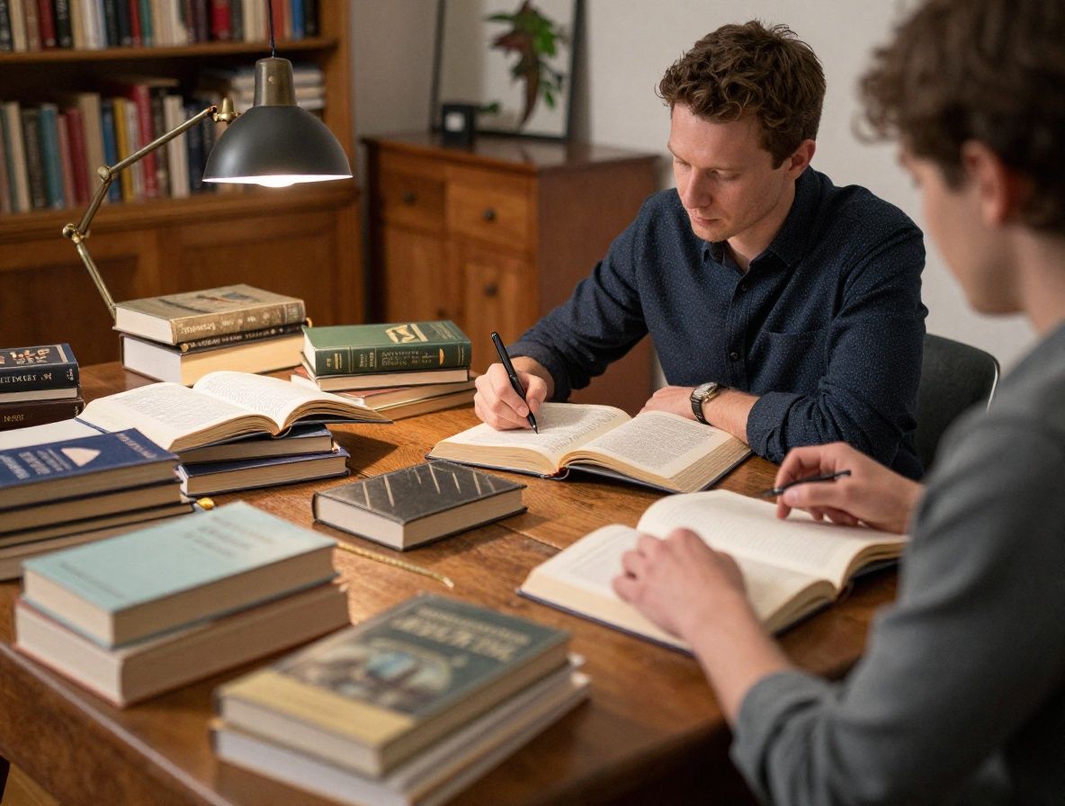 Livres ouverts et carnets de notes sur une table en bois ancien avec une lampe de bureau allumée, créant une atmosphère studieuse et réflexive dans une pièce chaleureuse