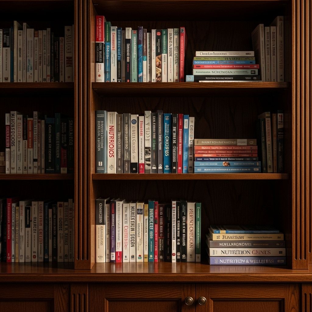 Bibliothèque en bois sombre remplie de livres sur la nutrition et le bien-être, éclairage chaud et directionnel provenant d'une lampe de bureau, ambiance studieuse et silencieuse d'un cabinet de recherche