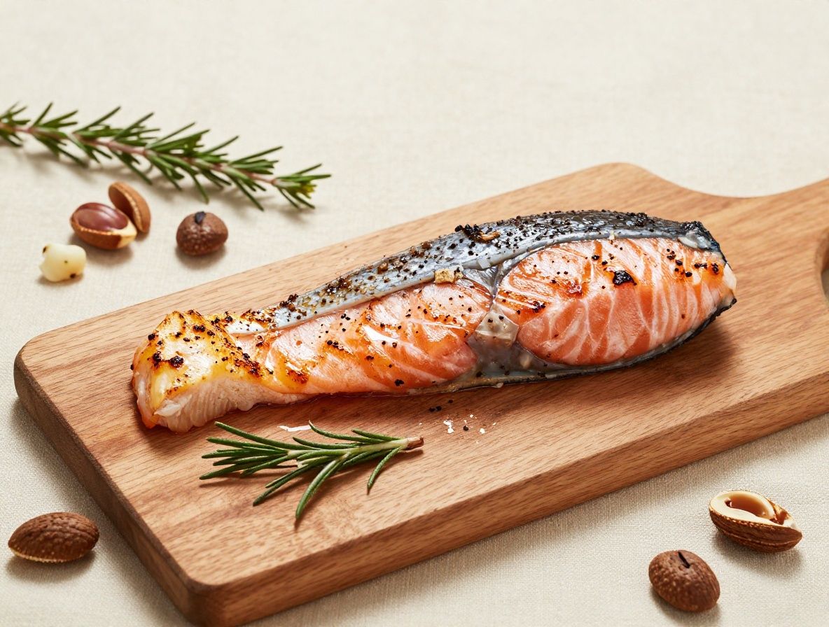 Filet de saumon grillé sur une planche de bois avec des herbes fraîches, des noix et des légumineuses disposés soigneusement sur fond de tissu naturel crème