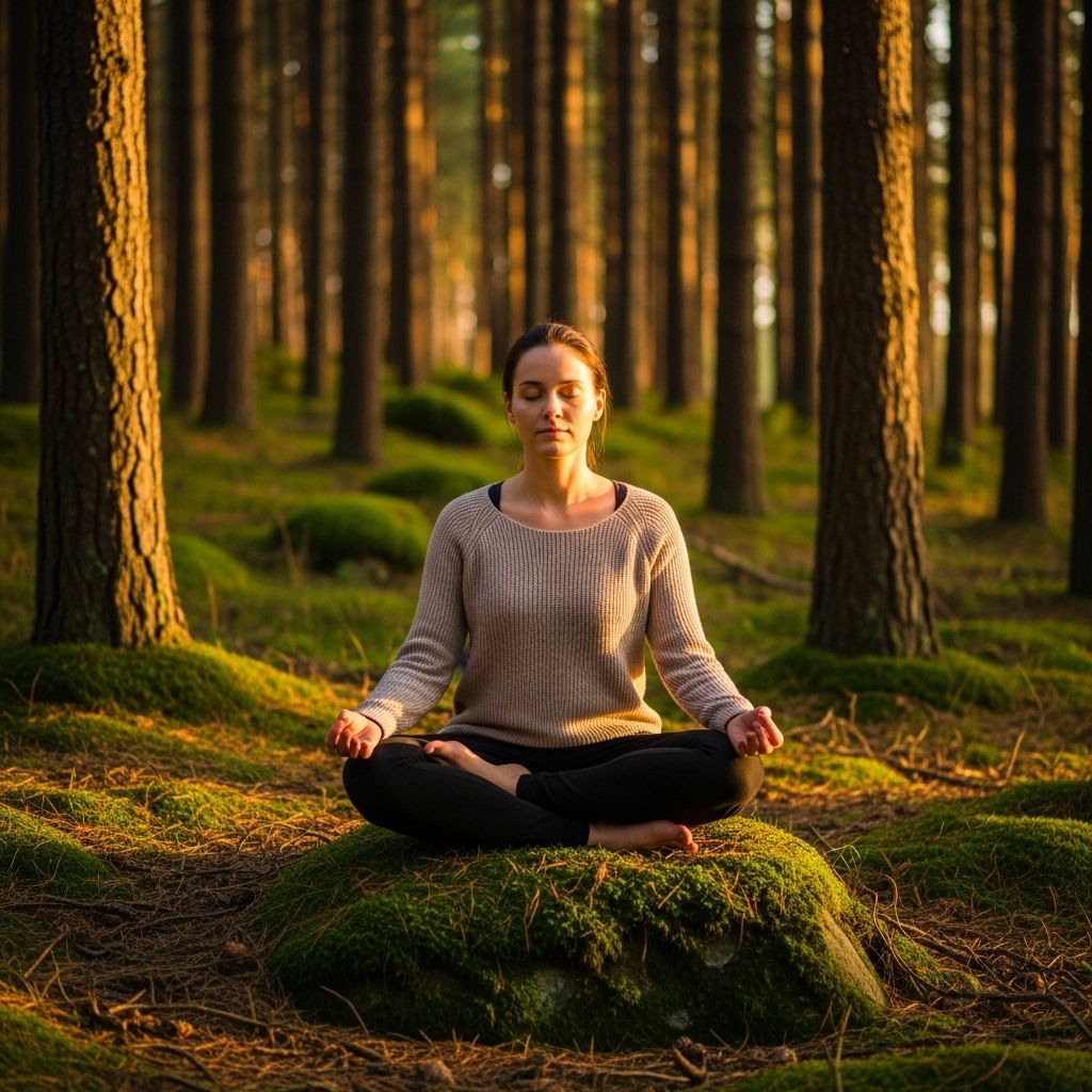 Personne assise en position de méditation dans une forêt de pins denses, éclairage doré de fin d'après-midi traversant les branches, ambiance silencieuse et profonde, sol recouvert de mousse verte